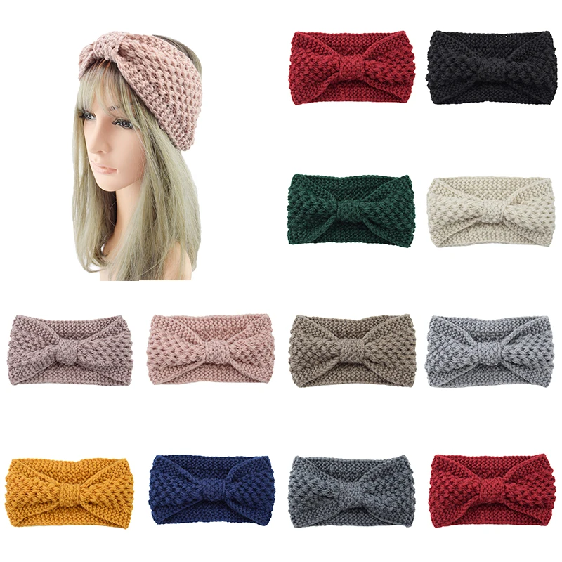 

Winter Knitted Knot Headbands For Women Turban Elastic Crochet Wool Hairband Girls Bow Wide Headbands Ear Cover Hair Accessories