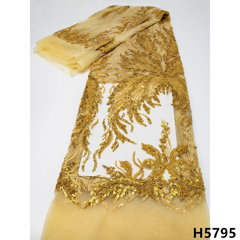 

African Gold Lace Fabric 2021 Beaded French Net Tulle Mesh Lace Fabric With Sequins Embroidery Lace For Bridal Dresses HJ5795