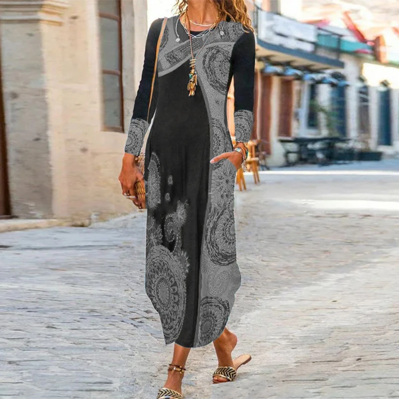 Модное женское осеннее платье с круглым вырезом винтажным принтом для вечеринок