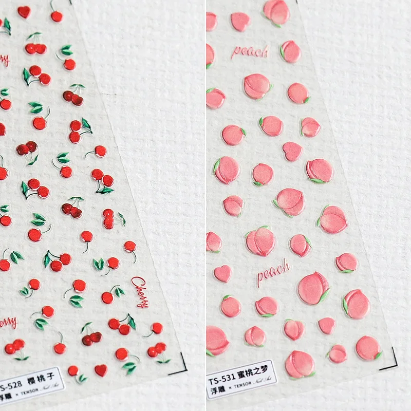 

High Quality Nail Art Stickers Adhesive Spring and Summe Cute Peach Cherry Design Nail Decals 5D Engraved Foils Decorations