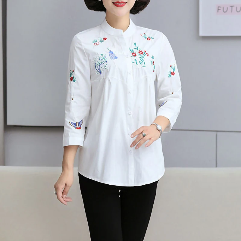 Женская Офисная рубашка с вышивкой белая блузка на пуговицах рукавом 3/4