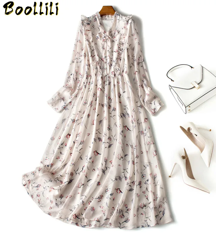 Elegant Boollili Vintage Chiffon Maxi Dress Women Clothes 2023 Spring Long Sleeve Korean Floral Dress Ladies Dresses Vestidos
