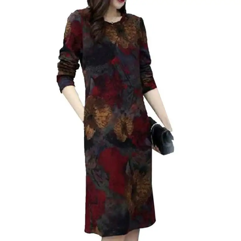 

Women's Floral Printed Long Sleeve Crew Neck Dress Ladies Casual Midi Dresses
