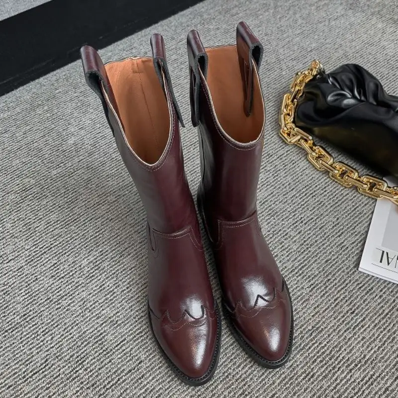 

Coolcept Real Leather Women Mid Calf Boots Thick Heel Zipper Shoes Pointed Toe Warm Boots Fashion Women Footwear Size 34-39