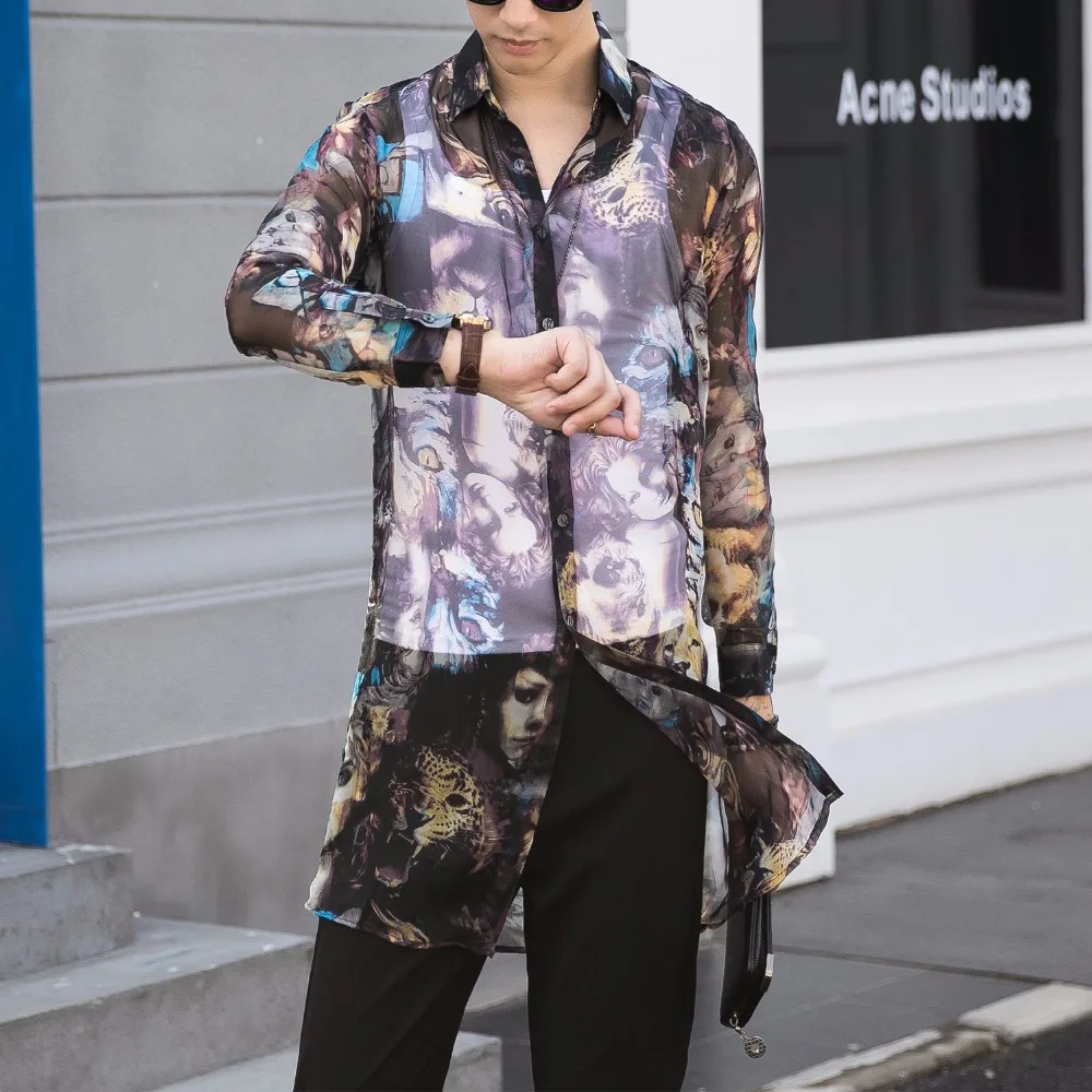 Новинка 2019 Мужская одежда стильная длинная рубашка с саржевым экраном и цифровой