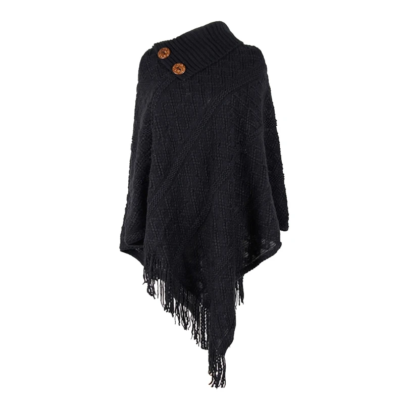 

Women Lapel Buttons Poncho Cape Solid Color Knitted Diamond Shawl Tassel Sweater