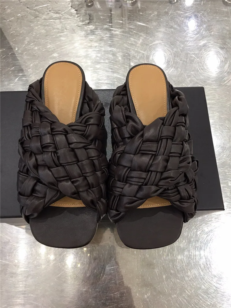 

prowow Luxury Collection Runway Shoes Woman Sandals Flats Peep Toe Knitted Genuine Leather Women Slippers Mules Loafers