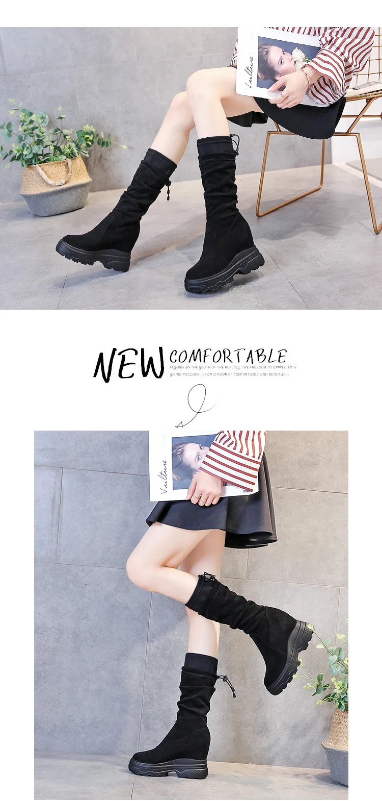 SWYIVY Chaussure Femme/обувь на танкетке до середины икры женская зимняя обувь г. Женские ботинки на платформе без застежки женские ботинки из флока