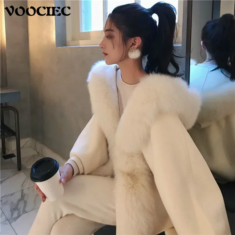 

VOOCIEC Warm woolen coat in winter Double faced woolen coat fur shawl Women's fox fur coat Woolen shawl coat Relaxed leisure