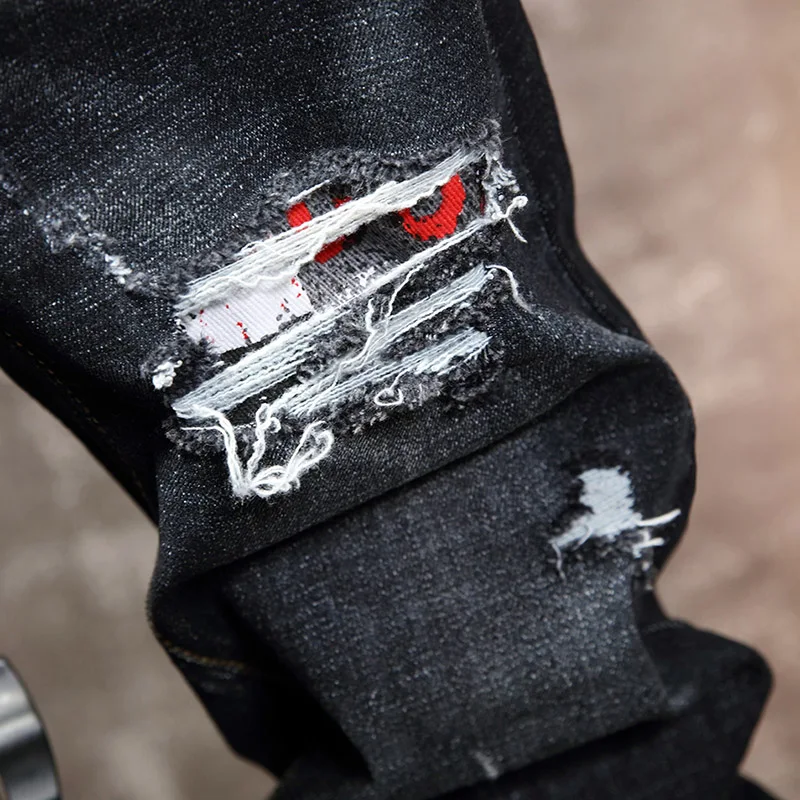 

2021 Spring And Autumn New Men'S Stretch Straight Jeans Trendy Ripped Patch Fashion Denim Trousers Male Brand Slim Black Pants