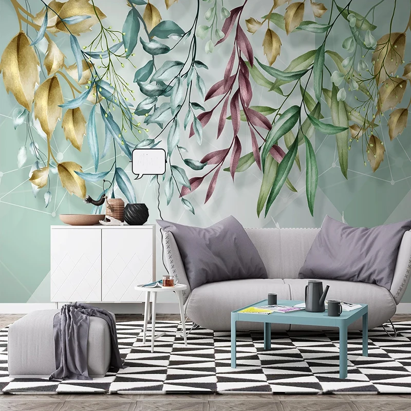 

Custom 3D Wall Murals Wallpaper Modern Tropical Plants Hand-Painted Watercolor Leaves Geometric Lines Self-Adhesive Home Décor