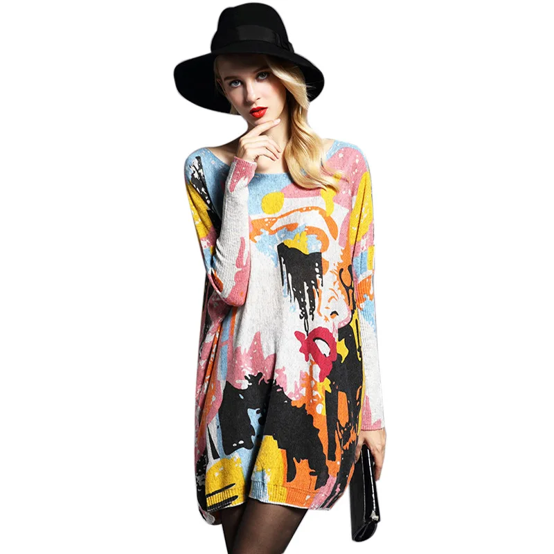 

New 2021 loose long T-shirt fashion street print T-shirt ladies full-sleeve tops abstract women O-neck spring and autumn T-shirt