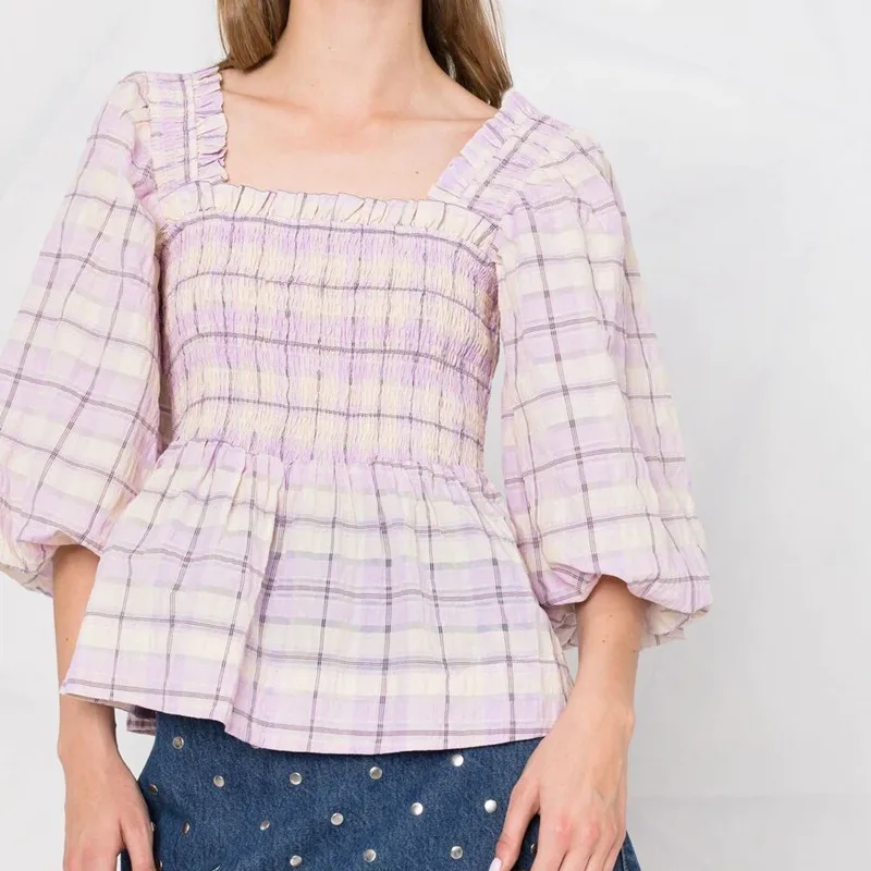 

Women's Plaid Blouse &Top 2021 New Summer Square Collar Lantern Sleeve Sweet All-match Ladies Shirts
