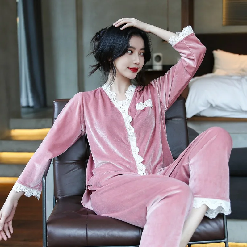 

2021 New Lace Sleepwear Casual 2 Pieces Shirt&Pants Women Velvet Pajamas Set Intimate Lingerie Soft Nightwear Home Clothes