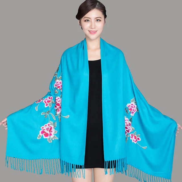 peacock blue Для женщин кашемировые шарфы платье с цветочным узором и вышивкой из пашмины 200*70 см длинные мягкие палантины теплые Женская зимняя обувь шали - Цвет: peacock blue