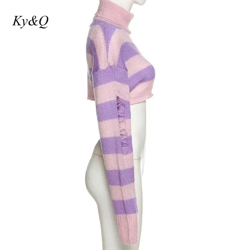 

2020 Fashion Women's Turtlenecks Striped Long Sleeve Knitted Pullovers Fall Females Jumpers Cropped Striped Short Sweaters
