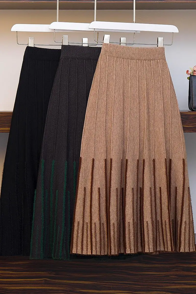 4XL новые женские вязаные вертикальные полосы плиссированные трапециевидные юбки