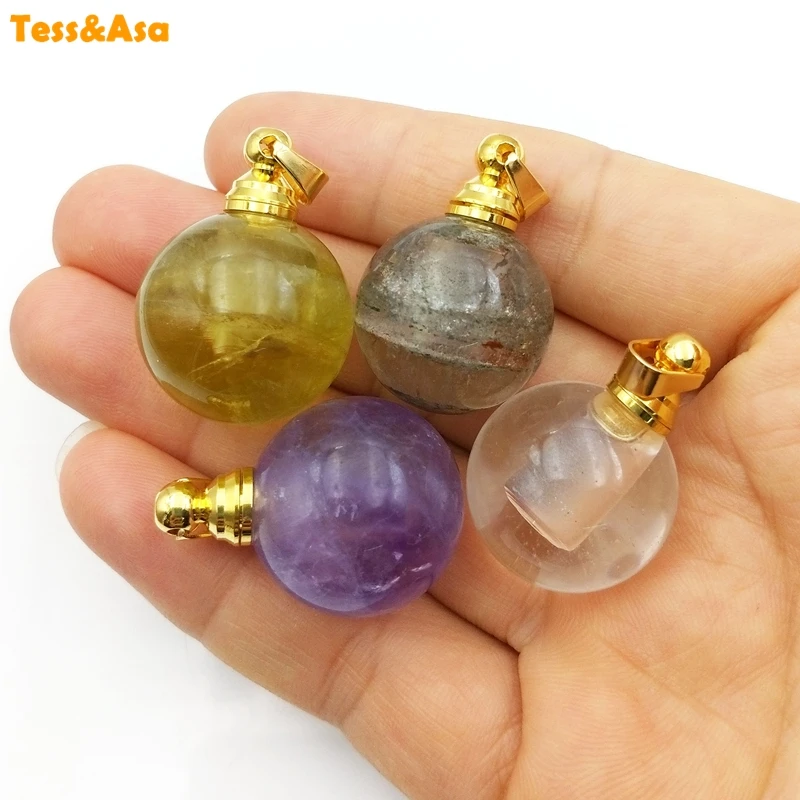 

Natural Gems stone Essential Oil Diffuser Round Ball Crystal perfume bottle pendant amethysts yellow citrines vial for Necklace