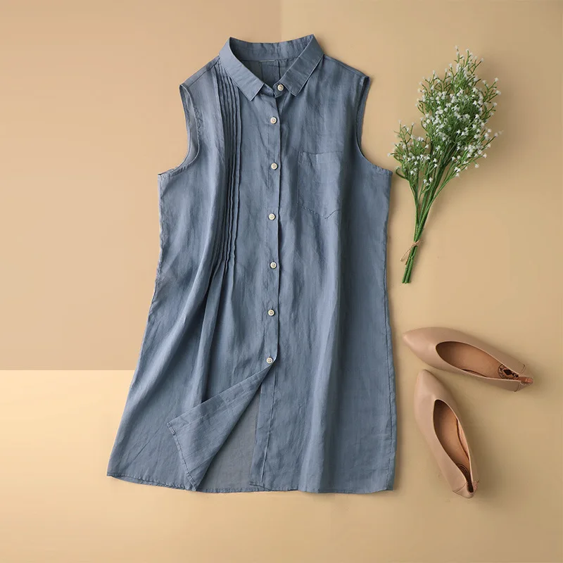

SHUCHAN Thin Ramie Tank Dress with Sleeveless Knee-Length Casual Turn-down Collar Summer Vestido Feminino