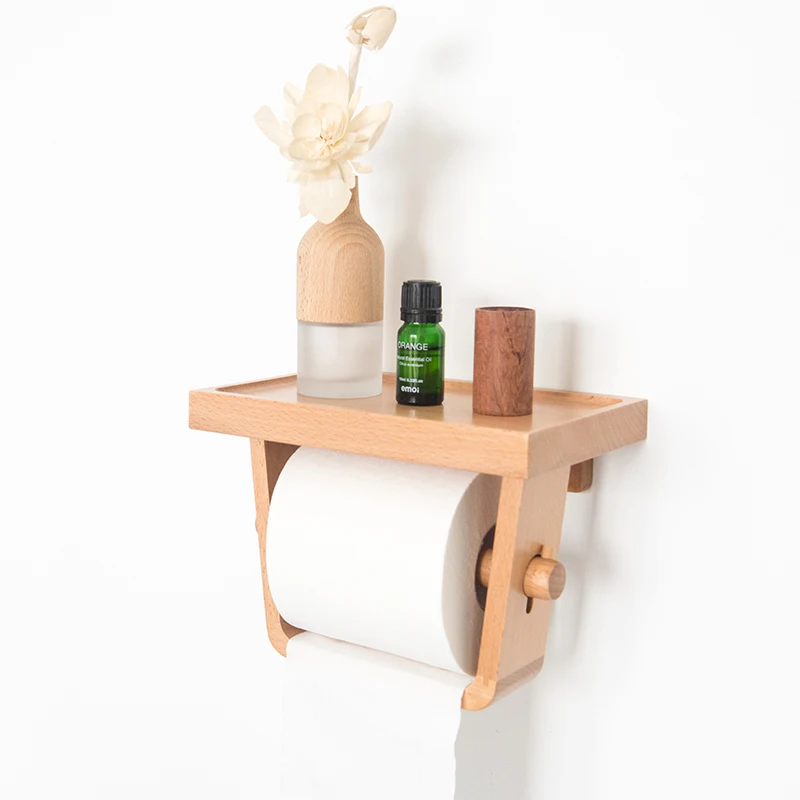 

Fanhan Japanese solid wood bathroom roll paper rack toilet drawer toilet wall hanging beech roll paper towel