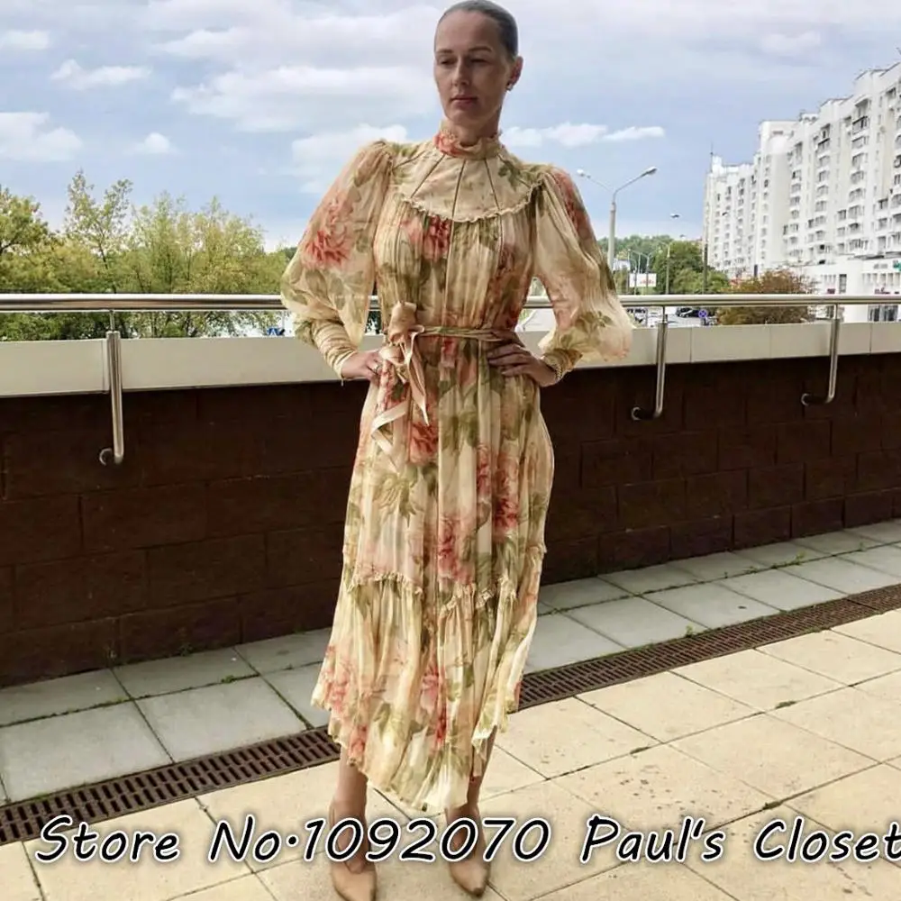 Женское античное платье из ткани жоржет с цветочным принтом и бусинами шарфом на