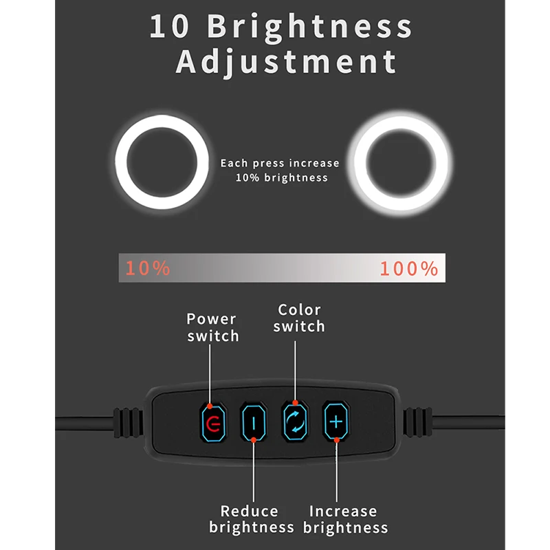 Светодиодный кольцевой светильник для селфи 20 см с регулируемой яркостью