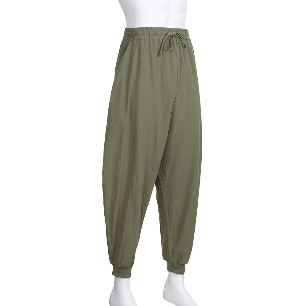 Брюки мужские pantalones hombre уличная тренировочные штаны-шаровары хлопок лен фестиваль мешковатые Твердые Брюки Ретро цыганские штаны