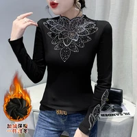 2021 winter velvet thick warm womens tops fashion long sleeve hot drilling mesh t shirt elegant slim bottoming shirt