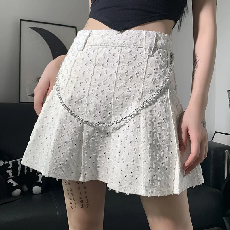 

JK Hole-breaking Wave Point Denim Pleated Skirt Women 2021 Early Autumn Personality High-waisted Large-size Skirt with Chain