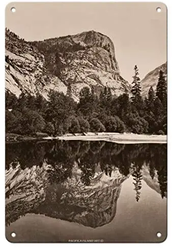 

Mirror Lake - Yosemite Valley, California - Black and White Historical Photograph by Carleton E. Watkins c.1865- Metal Sign