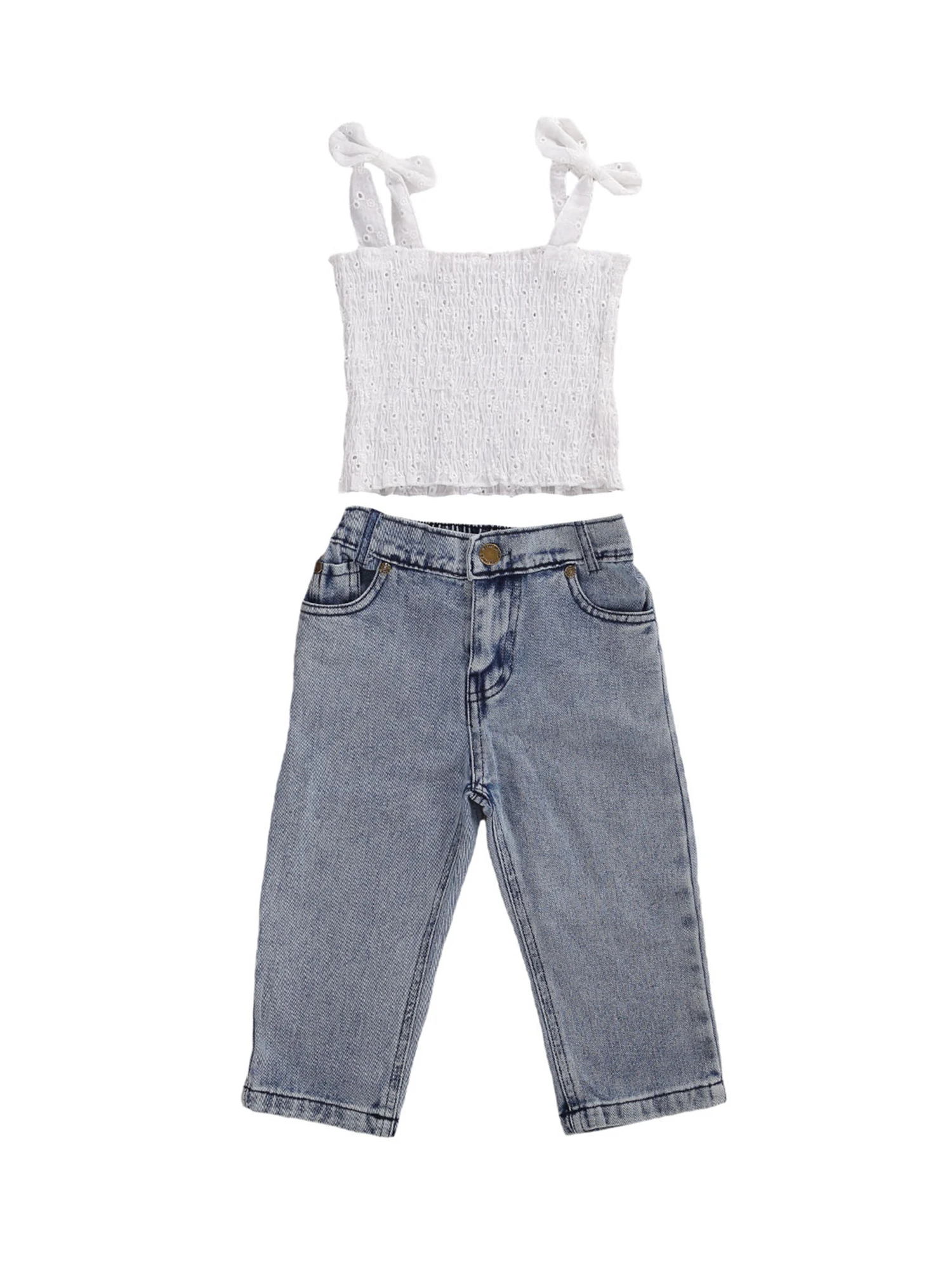 

Комплект одежды для маленьких девочек, кофта и джинсовые брюки с завышенной талией, однотонный с бантом и карманами