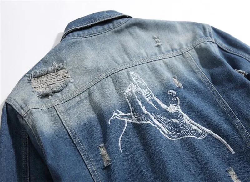 

KIMSERE Men Hi Street Hip Hop Ripped Jean Jackets With Holes Fashion Streetwear Distressed Denim Outerwear With Embroidery