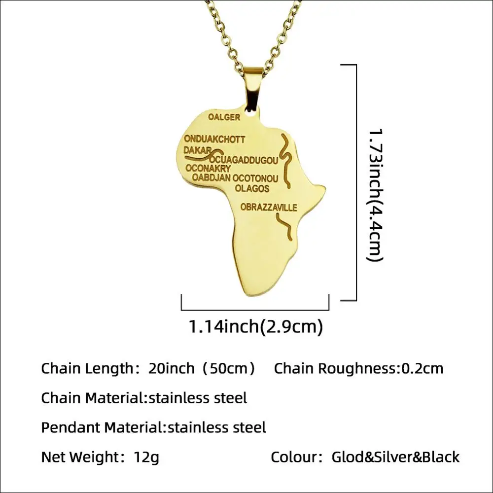 

2020 New African Africa Map Pendant & Chain Necklace Gold Silver Color Stainless Steel Choker Necklace for Women Mens Necklace