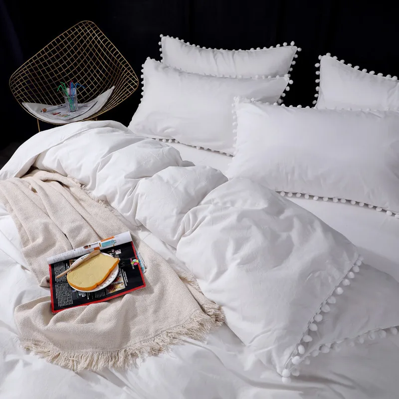 

White Pom Ball Fringe Duvet Cover Bed sheet set Pillowcase 100%Cotton King Queen Twin size White Pink Grey Bedding set for Girls