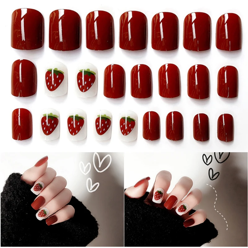 Модные Акриловые накладные ногти с узором клубники декоративные аксессуары для