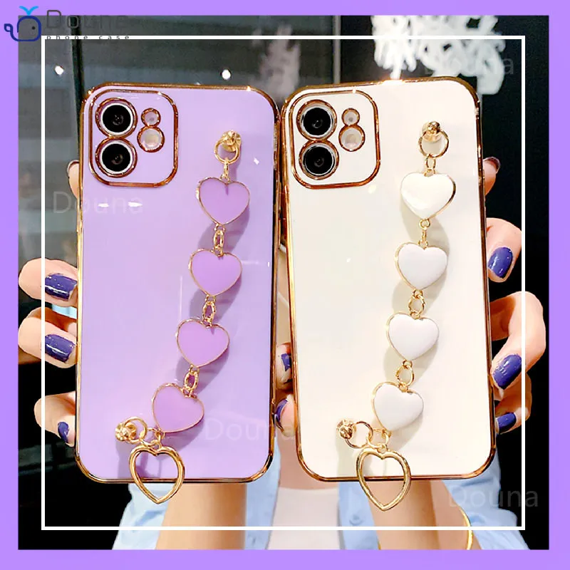 

Electroplating Love Heart Wrist Bracelet Pohone Case for IPhone 13 12 Mini 11 Pro XS Max X XR 6 7 8 Plus SE 2 Candy Color Coque