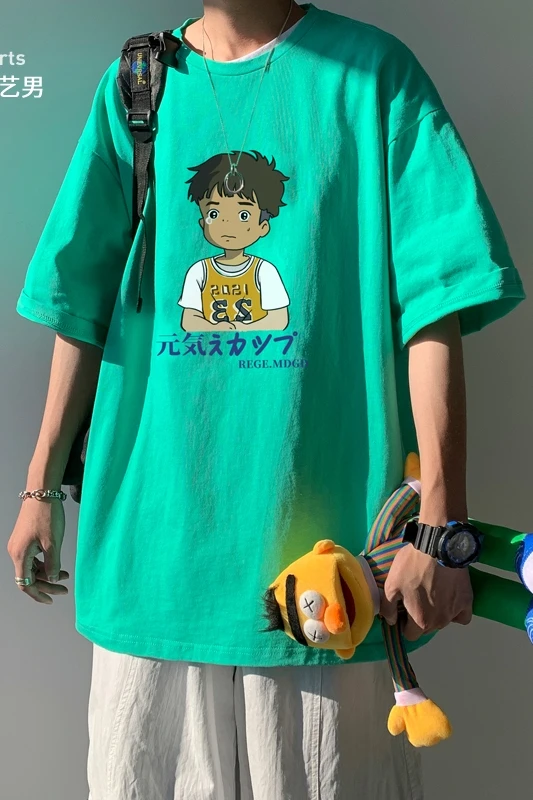 

Short Sleeve T-shirt Men's Summer Cartoon Character Casual Half Sleeve Ins Loose Crew Neck T-shirt