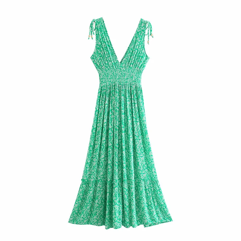 

HWLZLTZHT Long Dress Woman Green Floral Print Midi African Dresses for Women 2021 Vintage Strappy Backless Ladies Dresses Summer