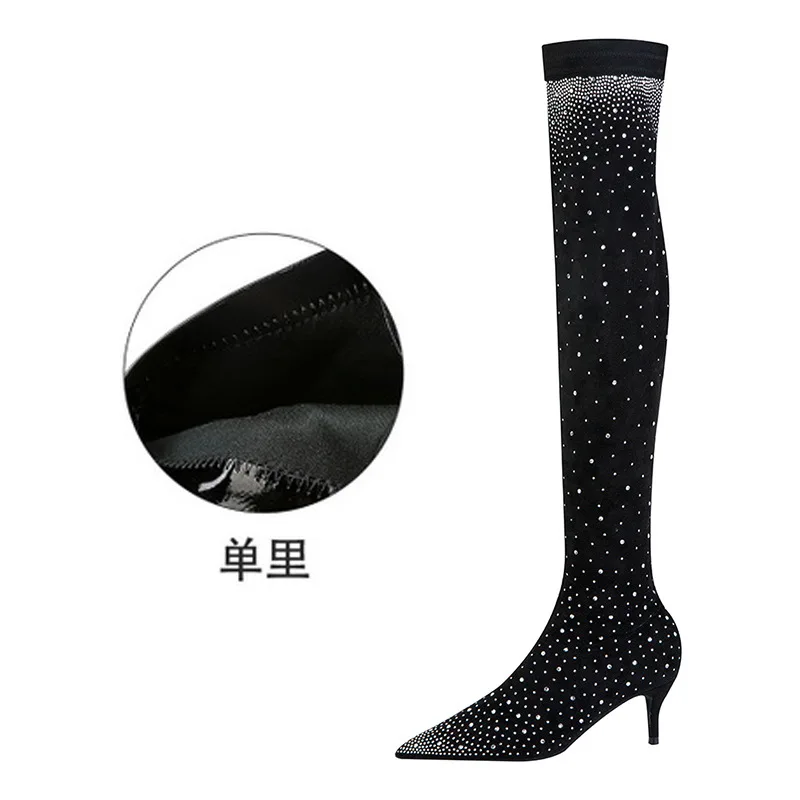 

European and American simple spring and autumn boots thin heel high heel suede pointed sexy thin water drill over the knee boots