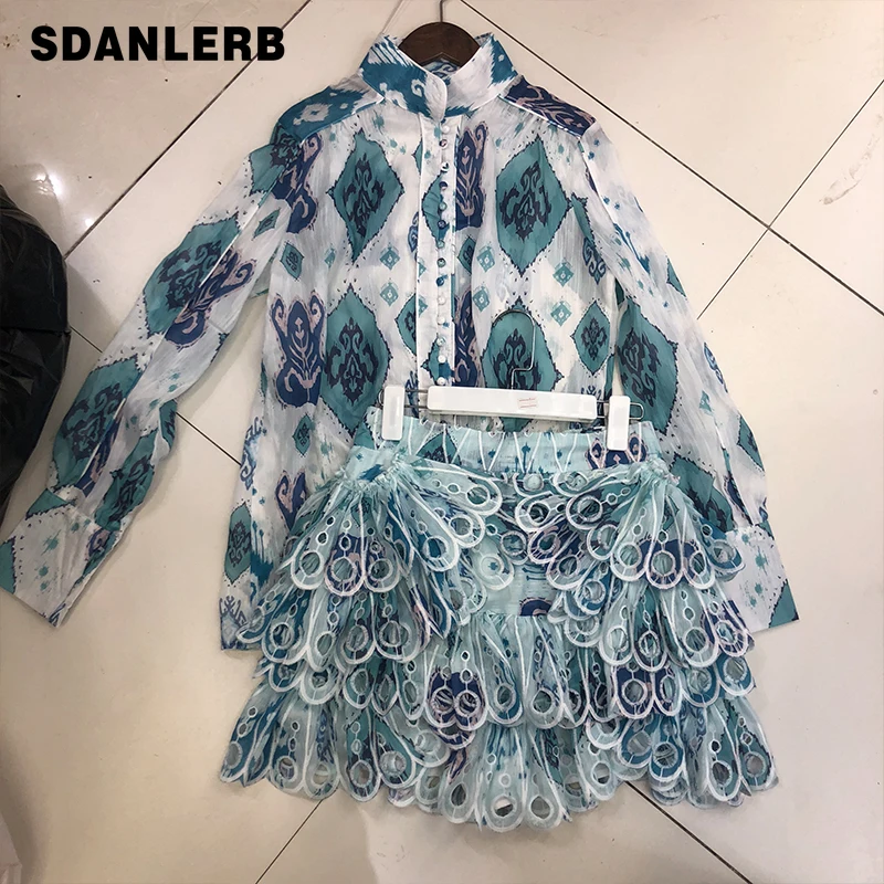 

2021 Summer New National Trends Retro National Style Elegant Suit, Female Peacock Blue Skirt + Thin Long-Sleeved Shirt