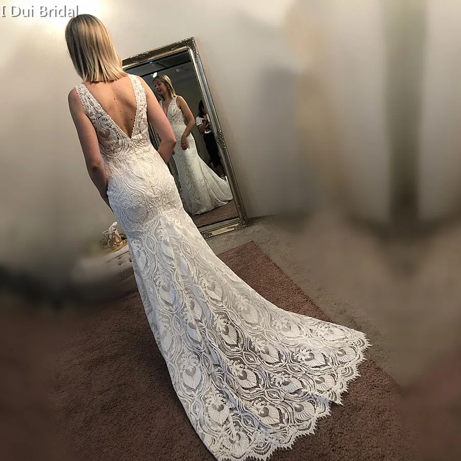 Кружевное свадебное платье футляр с V образным вырезом новый стиль на заказ