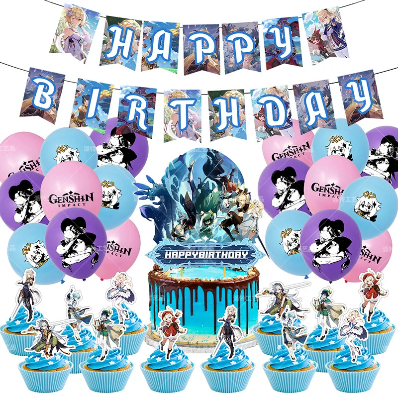 Genshin-globos de impacto de juego Genshin, Lumine de impacto, Jean Gunnhildr, ámbar, Kaeya, pancarta de cumpleaños, decoración para tartas de fiesta, 46 piezas