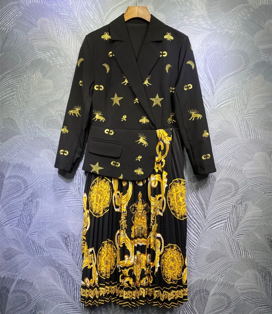 

2021 Spring New Designer women's print pleated dress High quality embroidery tailored collar dress C284