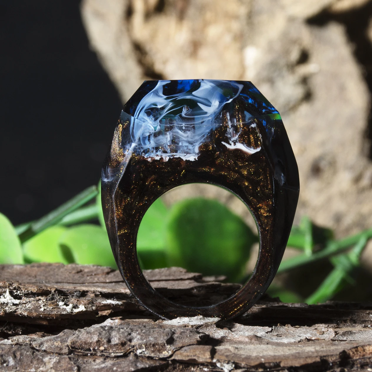 Волшебные кольца из синей эпоксидной смолы для женщин натуральный лес пейзаж
