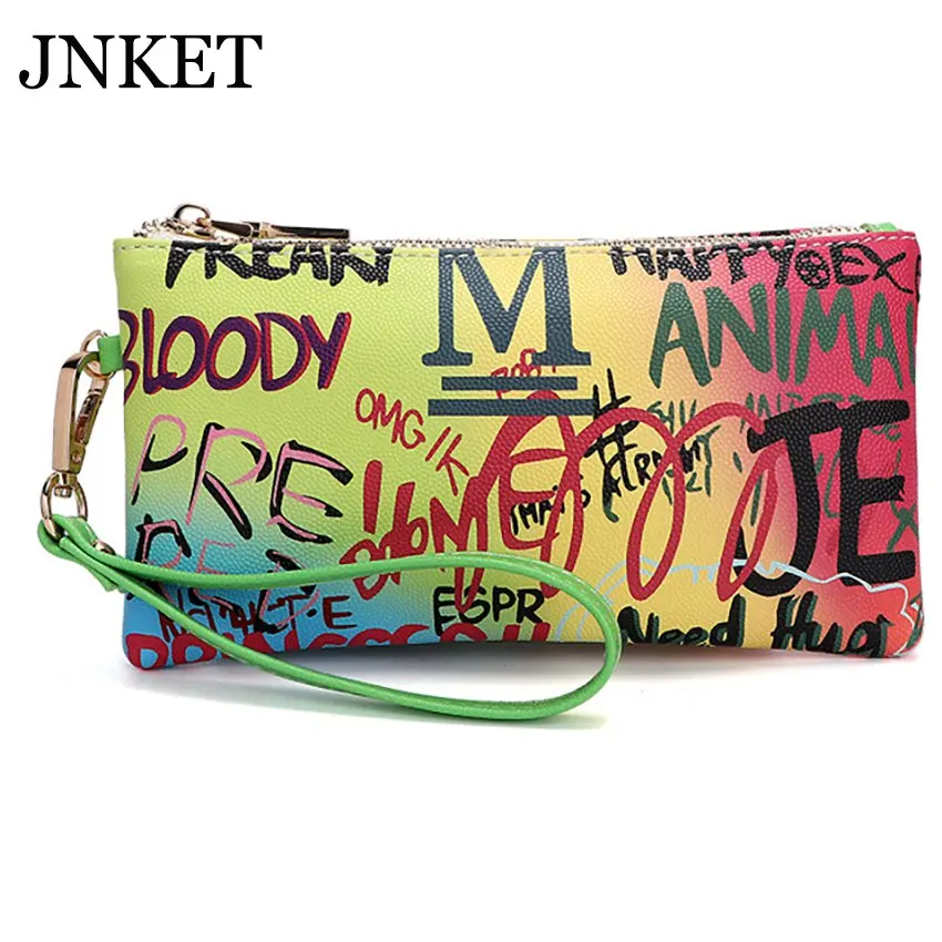 

JNKET New Women Graffiti Clutch Bag PU Leather Clutch Handbag Zipper Clutch Long Wallet Letter Wallet Detachable Wristlet