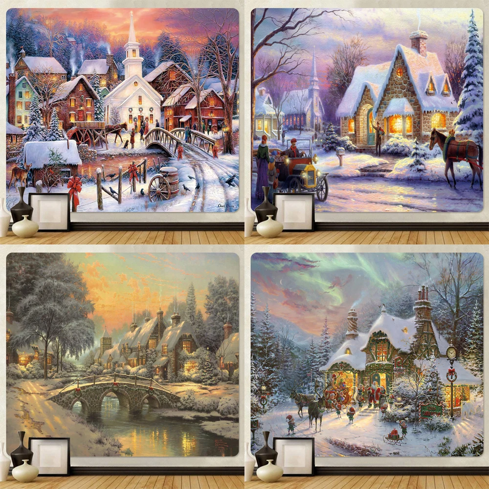 

New Year Christmas snow scene oil painting psychedelic scene wall hanging home decoration tapestry bohemian decoration mural