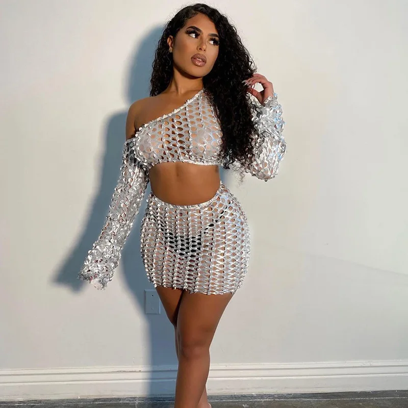 

Women Long Sleeve Crop Top and Skirt Set Sexy Hollow Oblique Shoulder Top and High Waist Short Skirt 2 Peice Matching Suit