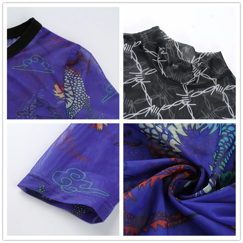 Imily Bela Sexy Mesh Crop Top Women Long Sleeve Stand Collar Print T Shirt Fashion Transparent Short T-shirt Femme Streetwear | Женская