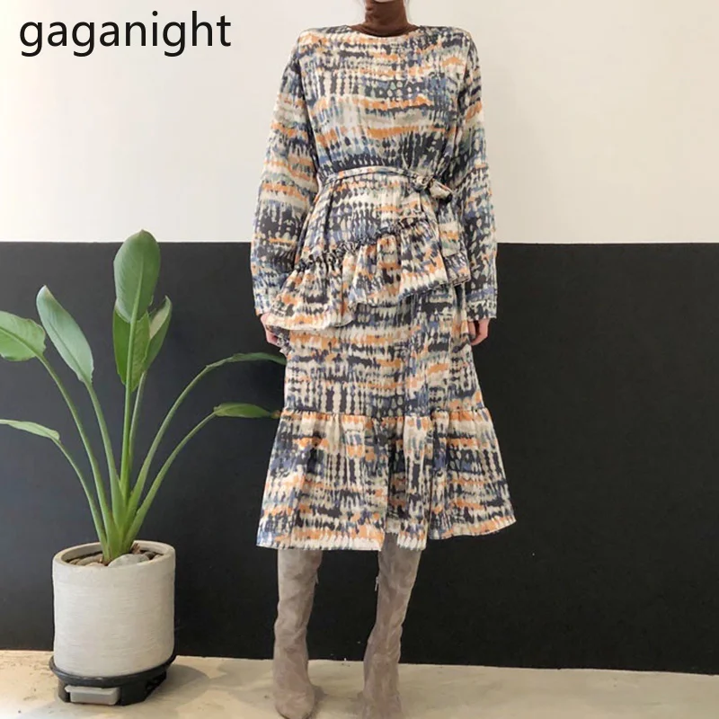 

Gaganight Women Dress 2021 Autumn Korea Chic Autumn Retro O-neck Lotus Leaf Stitching Lace Waist Knee-length Long-sleeved Dress