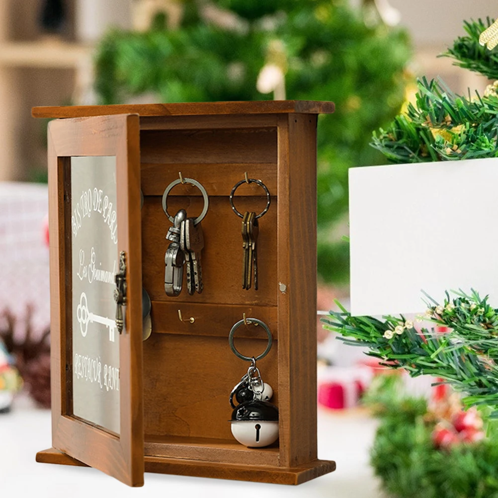

Key Organizer Wooden Key Cabinet Wall Box Beautiful Durable Retro Glass Door Key Storage Box